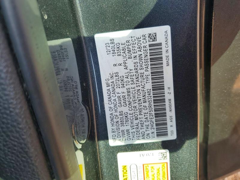 2024 Honda Civic მანქანა იყიდება აუქციონზე, vin: 2HGFE2F50RH532482, აუქციონის ნომერი: 65663966