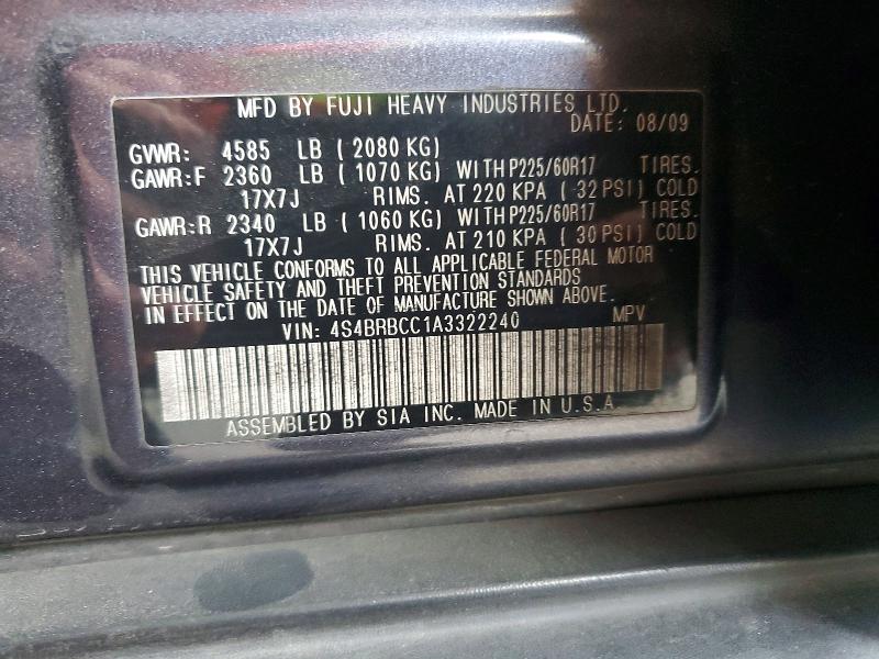2010 Subaru Outback მანქანა იყიდება აუქციონზე, vin: 4S4BRBCC1A3322240, აუქციონის ნომერი: 64833386