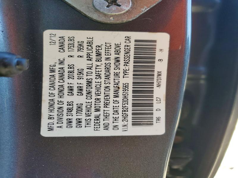 Продаж на аукціоні авто 2013 Honda Civic, vin: 2HGFB2F53DH519565, номер лоту: 63719906
