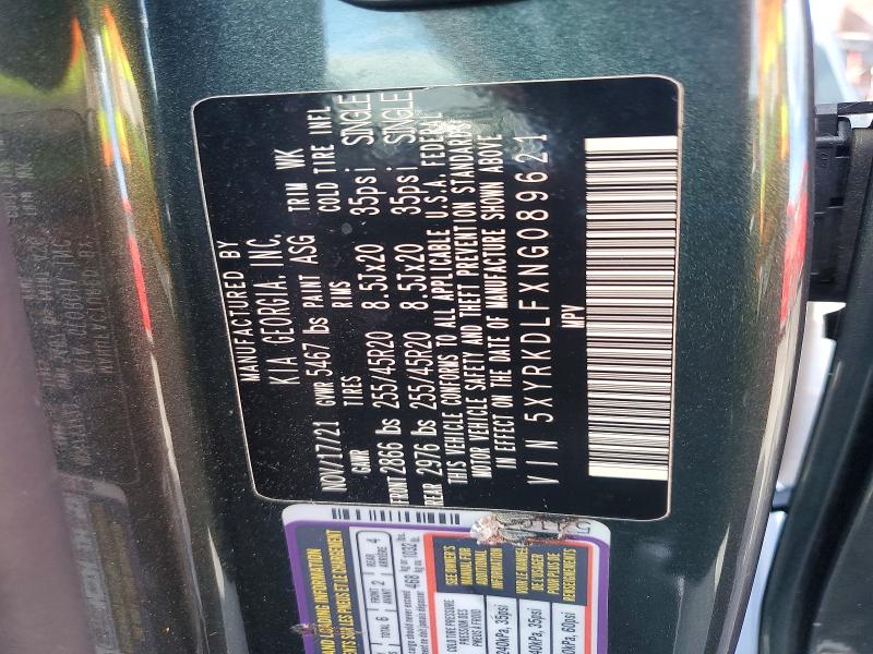 65521016 :رقم المزاد ، 5XYRKDLFXNG089621 vin ، 2022 Kia Sorento مزاد بيع