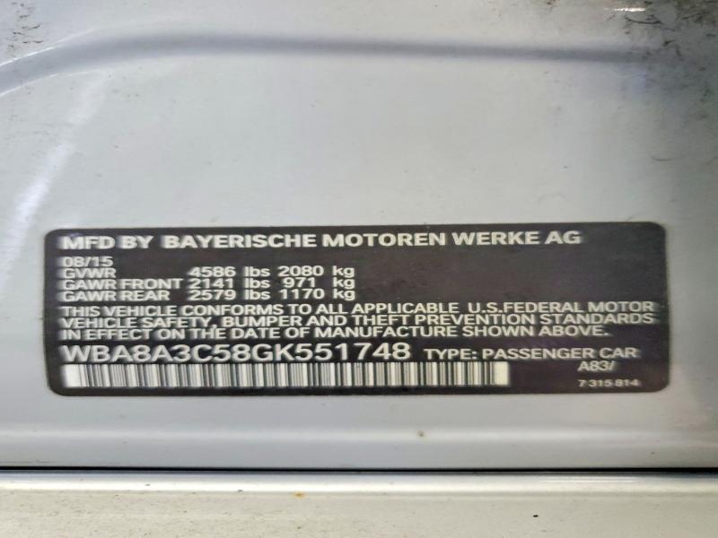 2016 Bmw 320 მანქანა იყიდება აუქციონზე, vin: WBA8A3C58GK551748, აუქციონის ნომერი: 64327306
