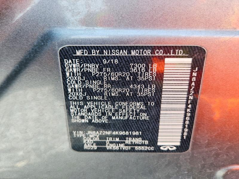 64187936 :رقم المزاد ، JN8AZ2NF4K9681981 vin ، 2019 Infiniti Qx80 مزاد بيع