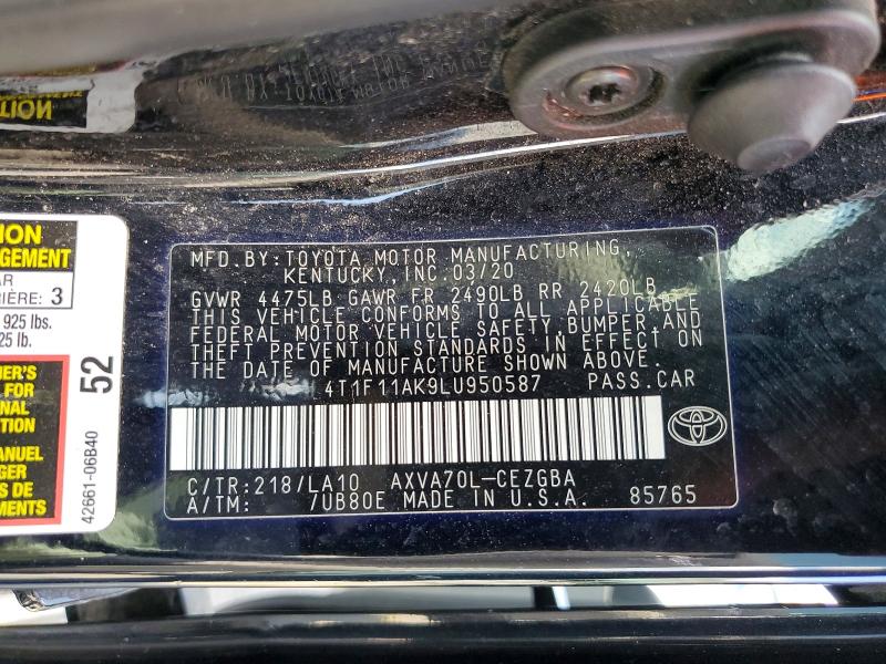 2020 Toyota Camry მანქანა იყიდება აუქციონზე, vin: 4T1F11AK9LU950587, აუქციონის ნომერი: 66610956