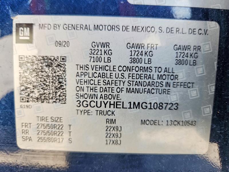 Aukcja sprzedaży 2021 Chevrolet Silverado, vin: 3GCUYHEL1MG108723, numer aukcji: 67348526