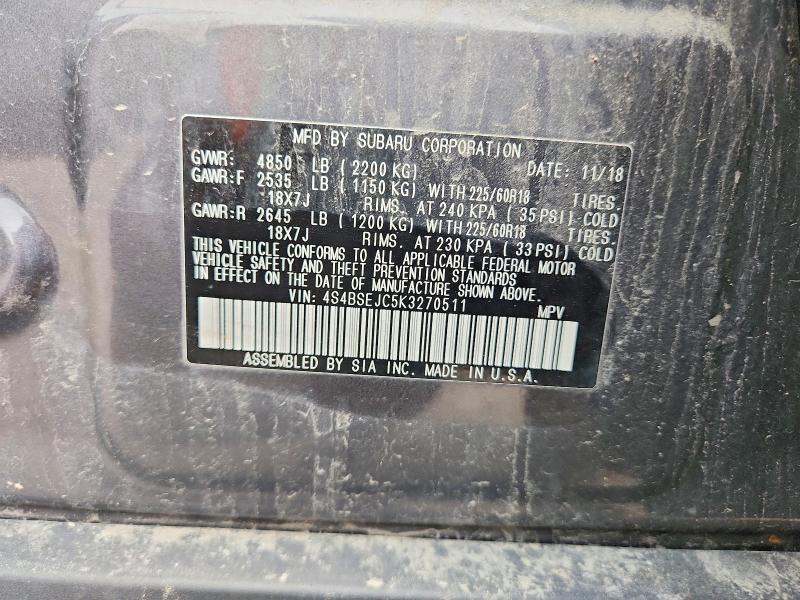 2019 Subaru Outback მანქანა იყიდება აუქციონზე, vin: 4S4BSEJC5K3270511, აუქციონის ნომერი: 63845306