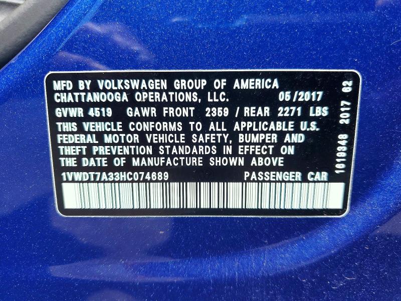 Продажа на аукционе авто 2017 Volkswagen Passat, vin: 1VWDT7A33HC074689, номер лота: 65596936