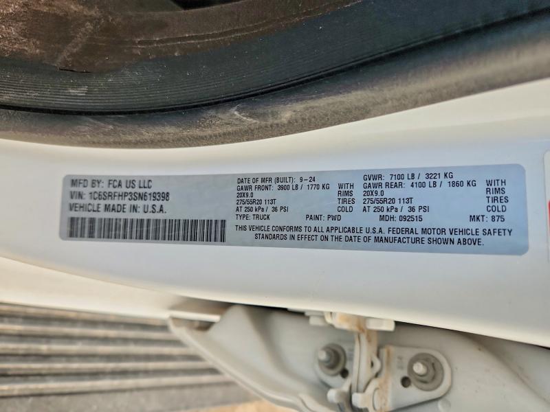 2025 Ram 1500 მანქანა იყიდება აუქციონზე, vin: 1C6SRFHP3SN619398, აუქციონის ნომერი: 63410576