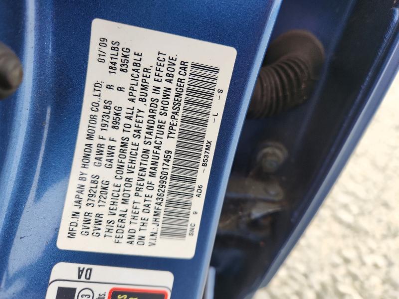 Aukcja sprzedaży 2009 Honda Civic, vin: JHMFA36299S017459, numer aukcji: 62540706