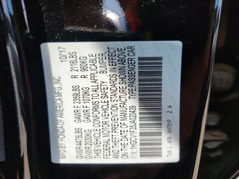 Aukcja sprzedaży 2018 Honda Accord, vin: 1HGCV1F35JA020439, numer aukcji: 64916536
