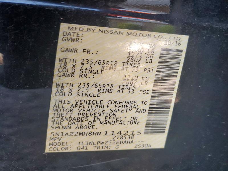 Aukcja sprzedaży 2017 Nissan Murano, vin: 5N1AZ2MH8HN114215, numer aukcji: 63597836