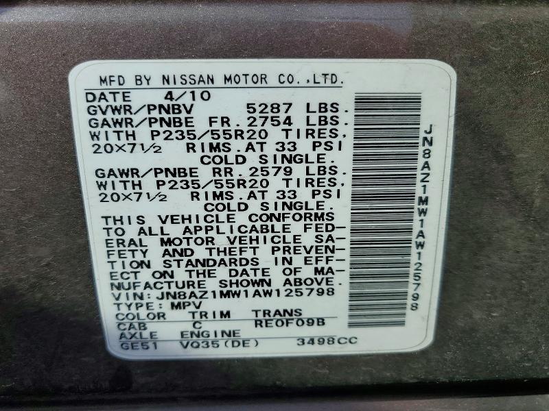 2010 Nissan Murano მანქანა იყიდება აუქციონზე, vin: JN8AZ1MW1AW125798, აუქციონის ნომერი: 66100706