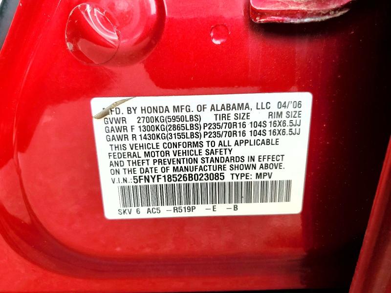 2006 Honda Pilot მანქანა იყიდება აუქციონზე, vin: 5FNYF18526B023085, აუქციონის ნომერი: 64648746