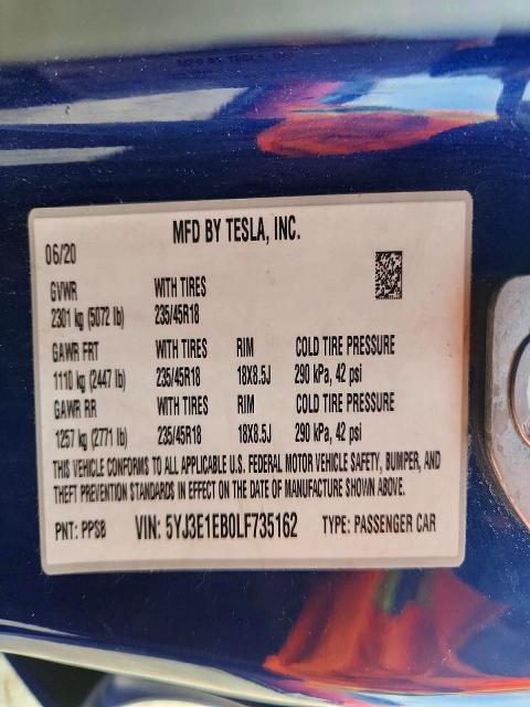 Aukcja sprzedaży 2020 Tesla Model 3, vin: 5YJ3E1EB0LF735162, numer aukcji: 63954956