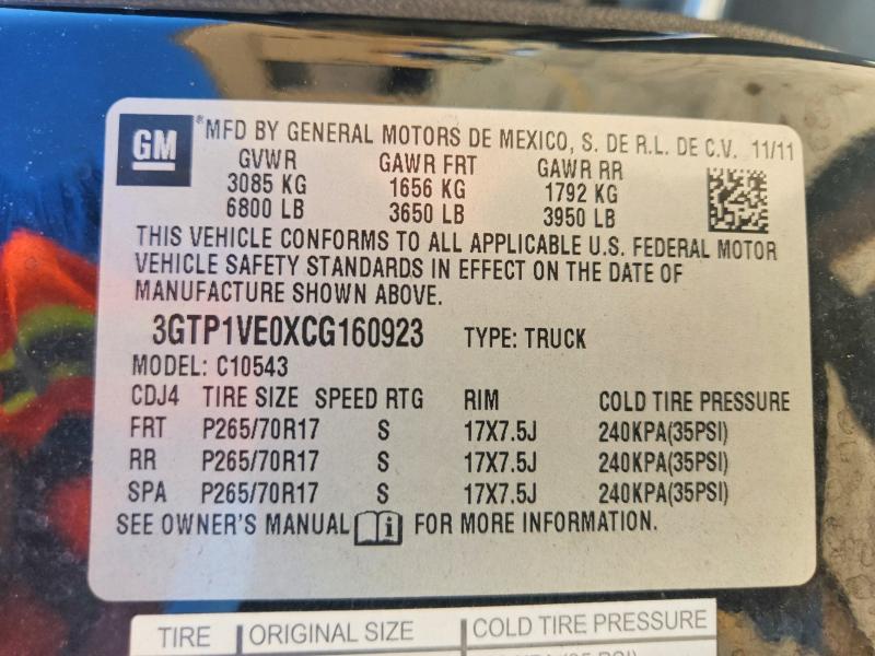 Aukcja sprzedaży 2012 Gmc Sierra, vin: 3GTP1VE0XCG160923, numer aukcji: 65285556