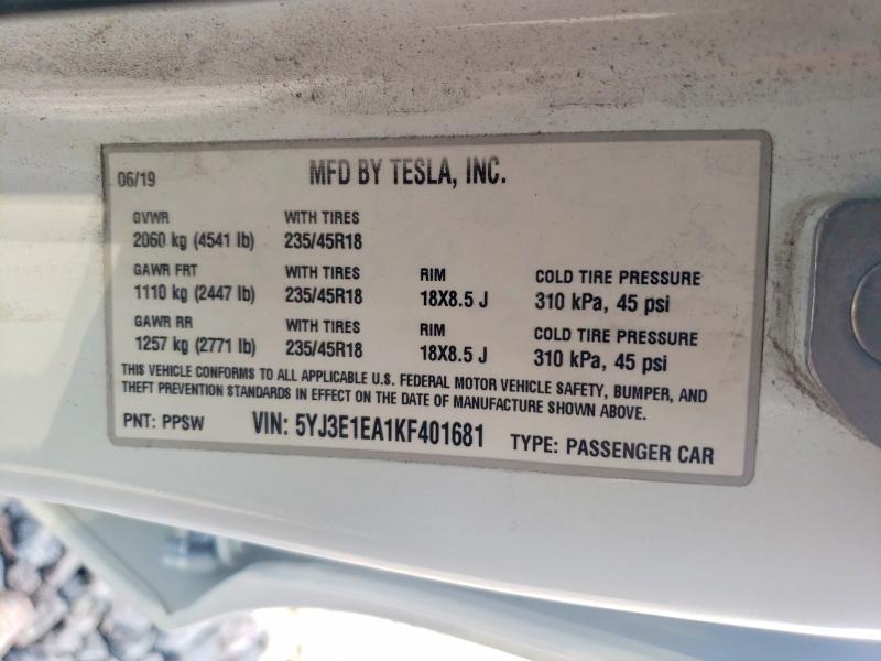 2019 Tesla Model 3 მანქანა იყიდება აუქციონზე, vin: 5YJ3E1EA1KF401681, აუქციონის ნომერი: 63896866
