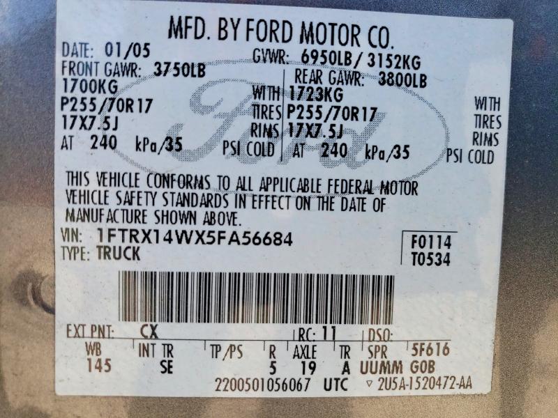 Продажа на аукционе авто 2005 Ford F150, vin: 1FTRX14WX5FA56684, номер лота: 65711956