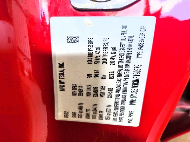 66065266 :رقم المزاد ، 5YJ3E1EB3NF190979 vin ، 2022 Tesla Model 3 مزاد بيع