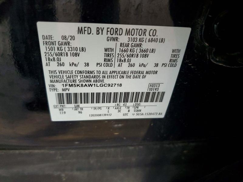 66179126 :رقم المزاد ، 1FM5K8AW1LGC92718 vin ، 2020 Ford Explorer مزاد بيع