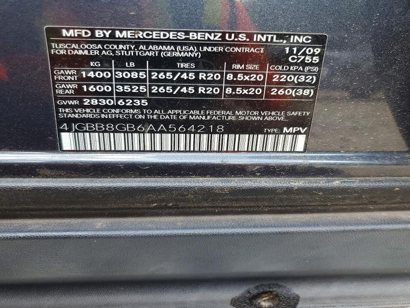 2010 Mercedes-benz Ml მანქანა იყიდება აუქციონზე, vin: 4JGBB8GB6AA564218, აუქციონის ნომერი: 59266606