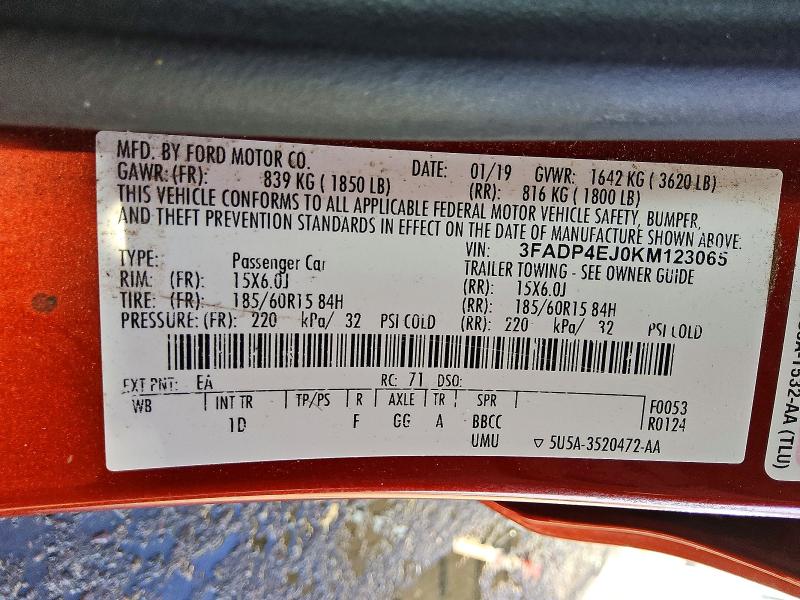 Продажа на аукционе авто 2019 Ford Fiesta, vin: 3FADP4EJ0KM123065, номер лота: 62966536