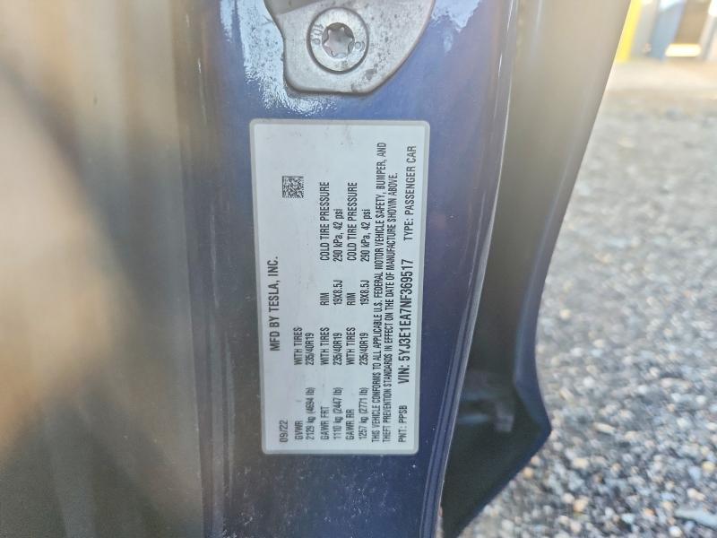 61454666 :رقم المزاد ، 5YJ3E1EA7NF369517 vin ، 2022 Tesla Model 3 مزاد بيع
