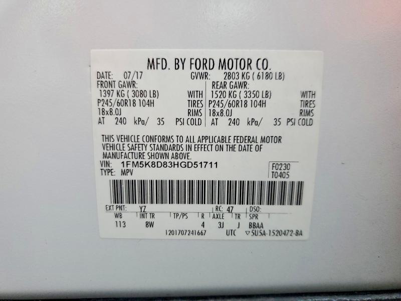 Aukcja sprzedaży 2017 Ford Explorer, vin: 1FM5K8D83HGD51711, numer aukcji: 64776186