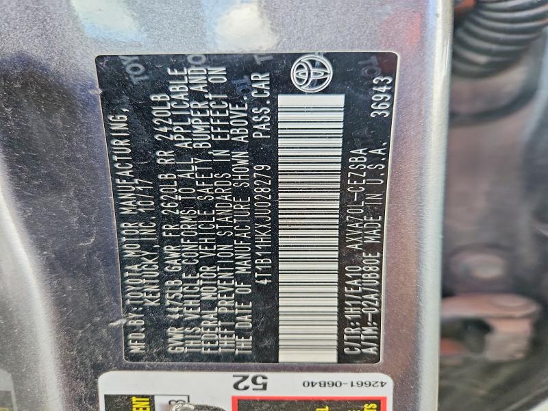Auction sale of the 2018 Toyota Camry, vin: 4T1B11HKXJU028279, lot number: 65013866