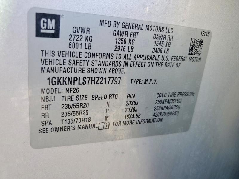 Aukcja sprzedaży 2017 Gmc Acadia, vin: 1GKKNPLS7HZ217797, numer aukcji: 65568816