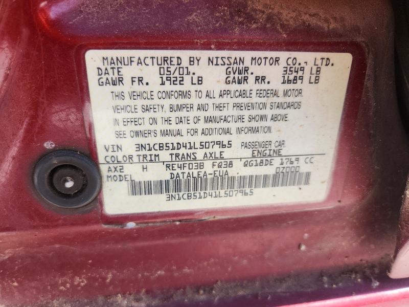 67284006 :رقم المزاد ، 3N1CB51D41L507965 vin ، 2001 Nissan Sentra مزاد بيع