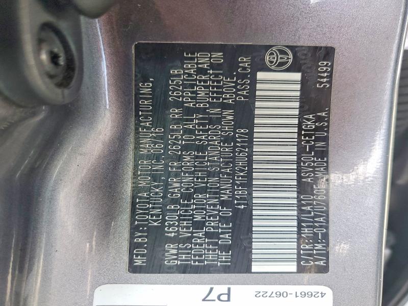 2017 Toyota Camry მანქანა იყიდება აუქციონზე, vin: 4T1BF1FK2HU621178, აუქციონის ნომერი: 64527066