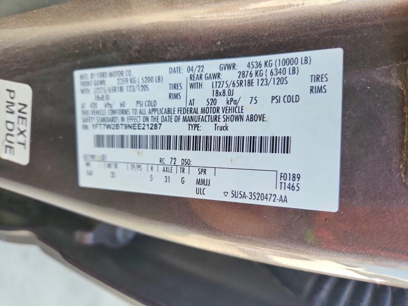2022 Ford F250 მანქანა იყიდება აუქციონზე, vin: 1FT7W2BT9NEE21287, აუქციონის ნომერი: 63562876