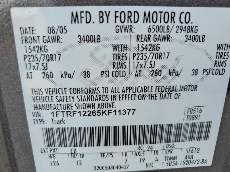66447056 :رقم المزاد ، 1FTRF12265KF11377 vin ، 2005 Ford F150 مزاد بيع