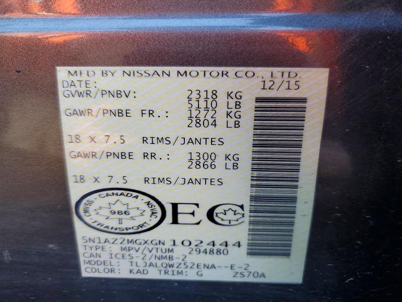 66040456 :رقم المزاد ، 5N1AZ2MGXGN102444 vin ، 2016 Nissan Murano مزاد بيع