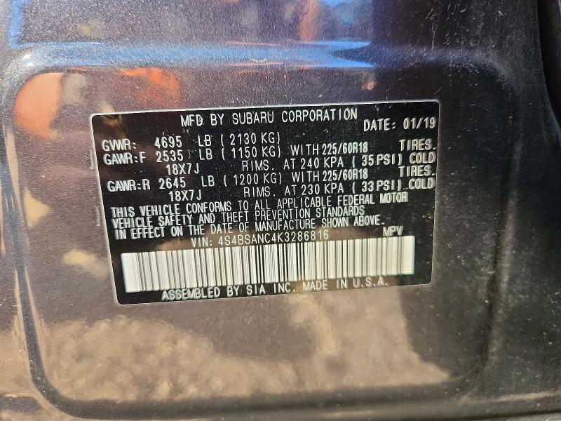 66721066 :رقم المزاد ، 4S4BSANC4K3286816 vin ، 2019 Subaru Outback مزاد بيع