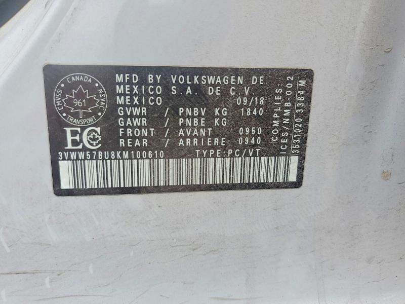 2019 Volkswagen Jetta მანქანა იყიდება აუქციონზე, vin: 3VWW57BU8KM100610, აუქციონის ნომერი: 65373856