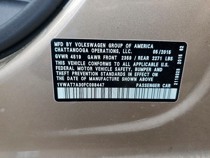 57522166 :رقم المزاد ، 1VWAT7A30FC098447 vin ، 2015 Volkswagen Passat مزاد بيع