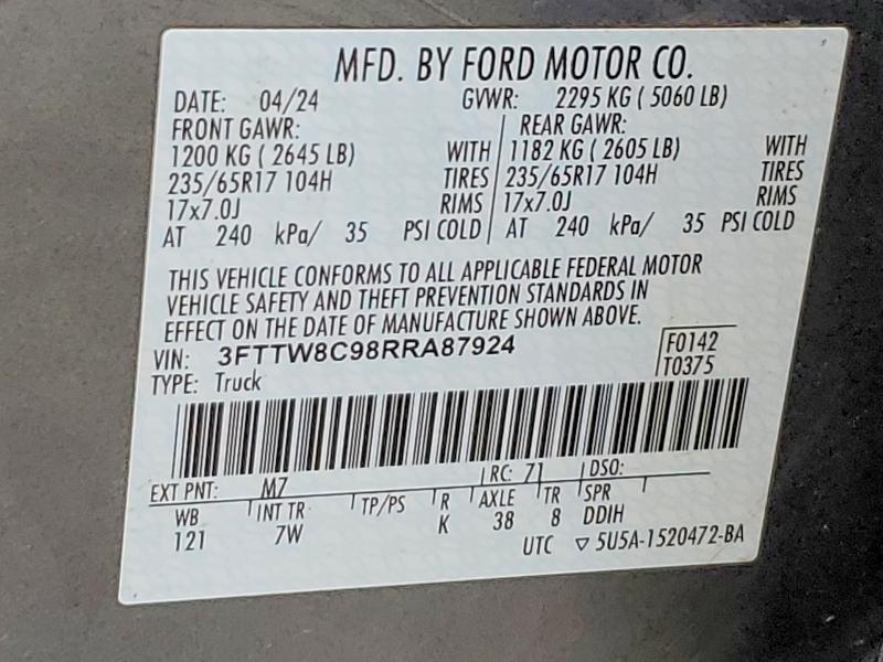 Продаж на аукціоні авто 2024 Ford Maverick, vin: 3FTTW8C98RRA87924, номер лоту: 64097026
