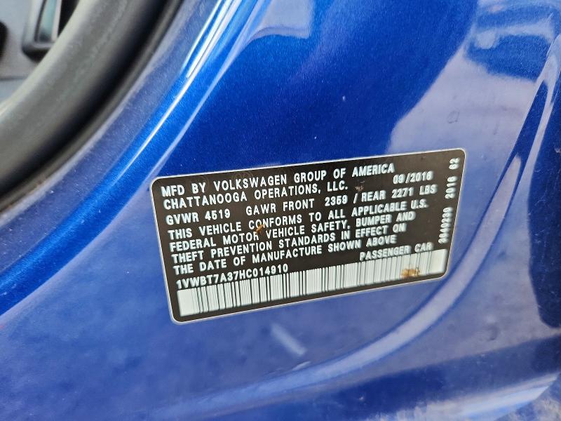 Продажа на аукционе авто 2017 Volkswagen Passat, vin: 1VWBT7A37HC014910, номер лота: 64817116