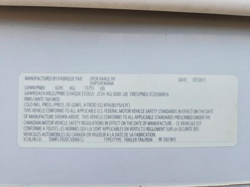 Продажа на аукционе авто 2012 Highland Ridge Open Range, vin: 5XMFL3920C5006612, номер лота: 63767666