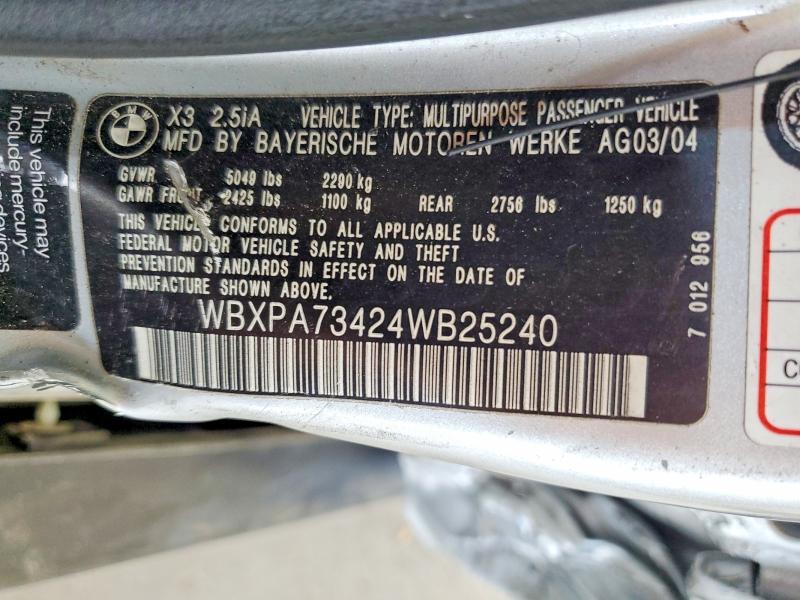Aukcja sprzedaży 2004 Bmw X3, vin: WBXPA73424WB25240, numer aukcji: 64013976