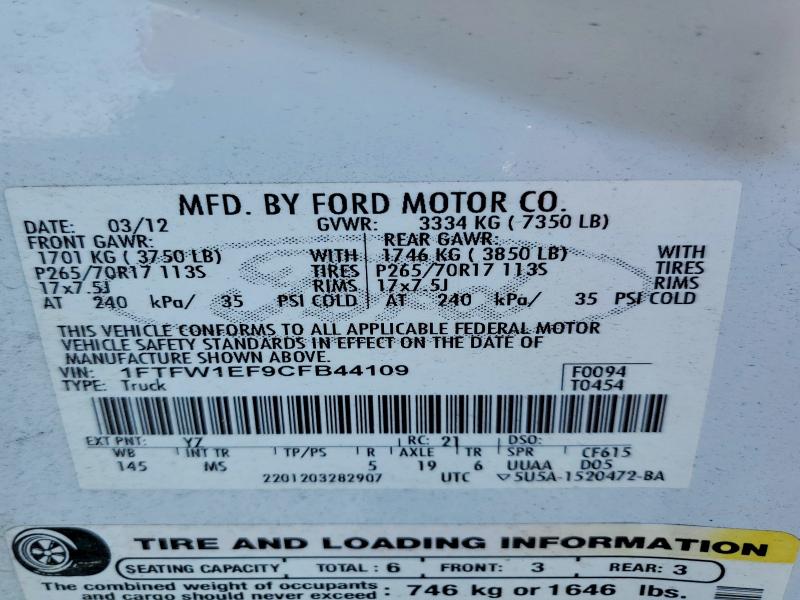 65548206 :رقم المزاد ، 1FTFW1EF9CFB44109 vin ، 2012 Ford F150 مزاد بيع