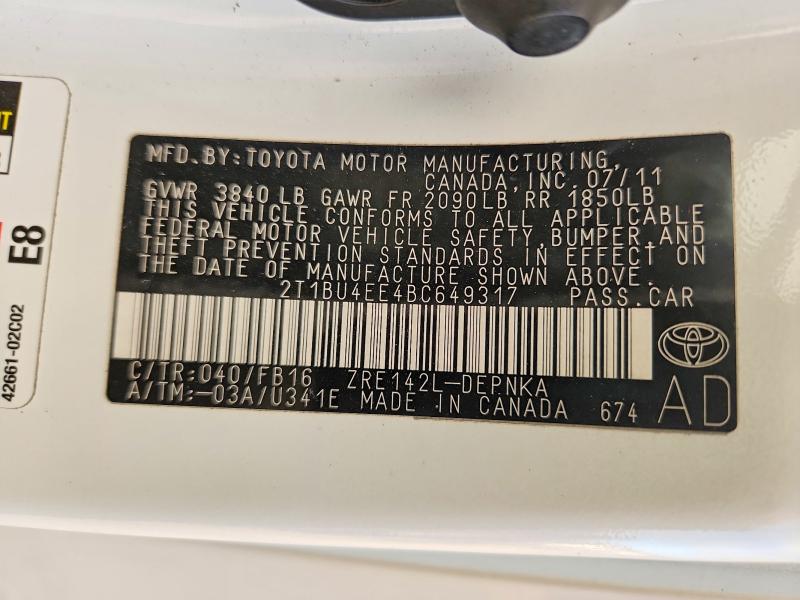 Aukcja sprzedaży 2011 Toyota Corolla, vin: 2T1BU4EE4BC649317, numer aukcji: 63428066