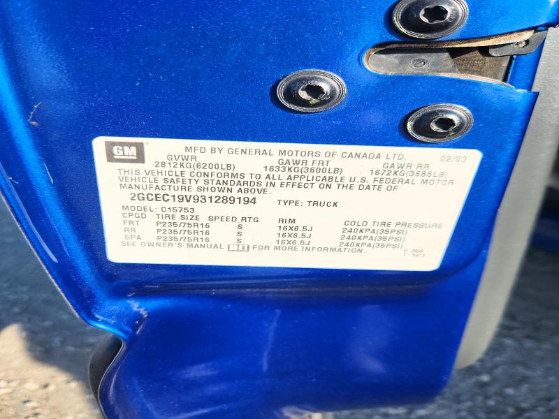 2003 Chevrolet Silverado მანქანა იყიდება აუქციონზე, vin: 2GCEC19V931289194, აუქციონის ნომერი: 65333676