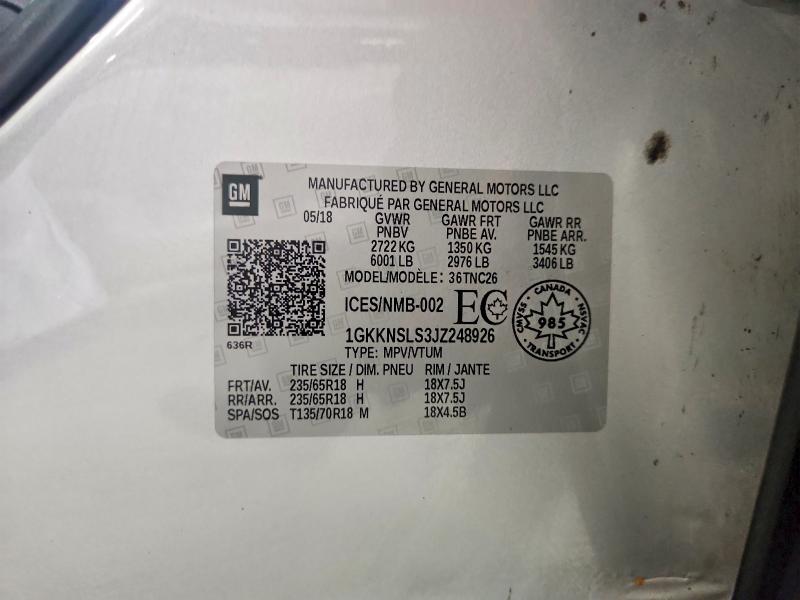 65196336 :رقم المزاد ، 1GKKNSLS3JZ248926 vin ، 2018 Gmc Acadia مزاد بيع