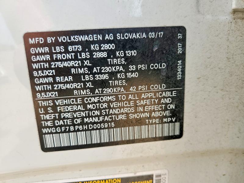 Продаж на аукціоні авто 2017 Volkswagen Touareg, vin: WVGGF7BP6HD005915, номер лоту: 63697076