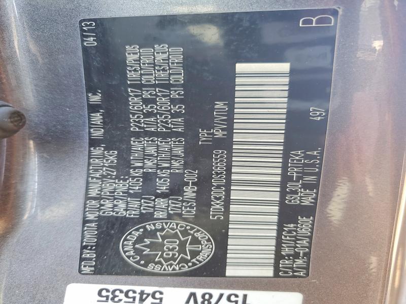 2013 Toyota Sienna მანქანა იყიდება აუქციონზე, vin: 5TDKK3DC1DS366559, აუქციონის ნომერი: 64560206