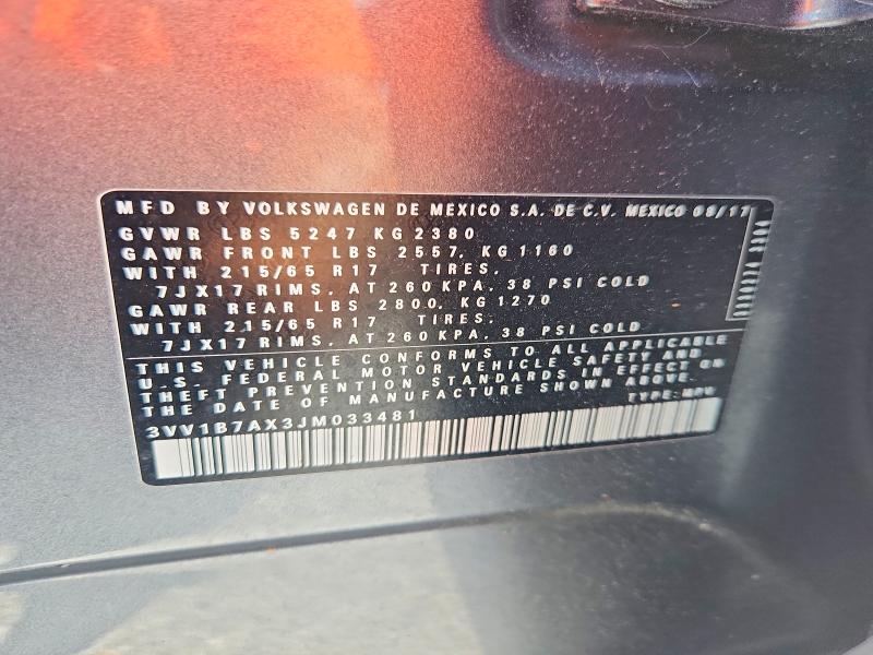 Продаж на аукціоні авто 2018 Volkswagen Tiguan, vin: 3VV1B7AX3JM033481, номер лоту: 65664306