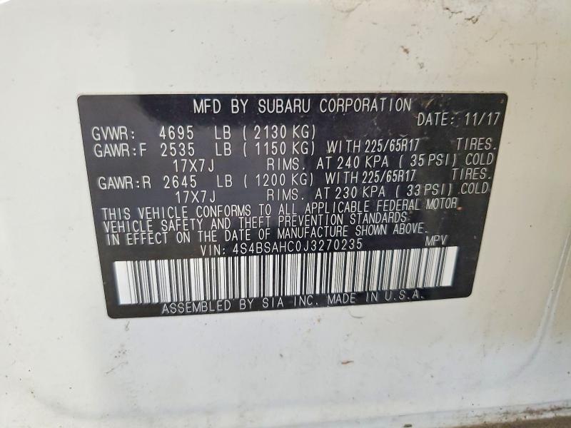 Продаж на аукціоні авто 2018 Subaru Outback, vin: 4S4BSAHC0J3270235, номер лоту: 65604286