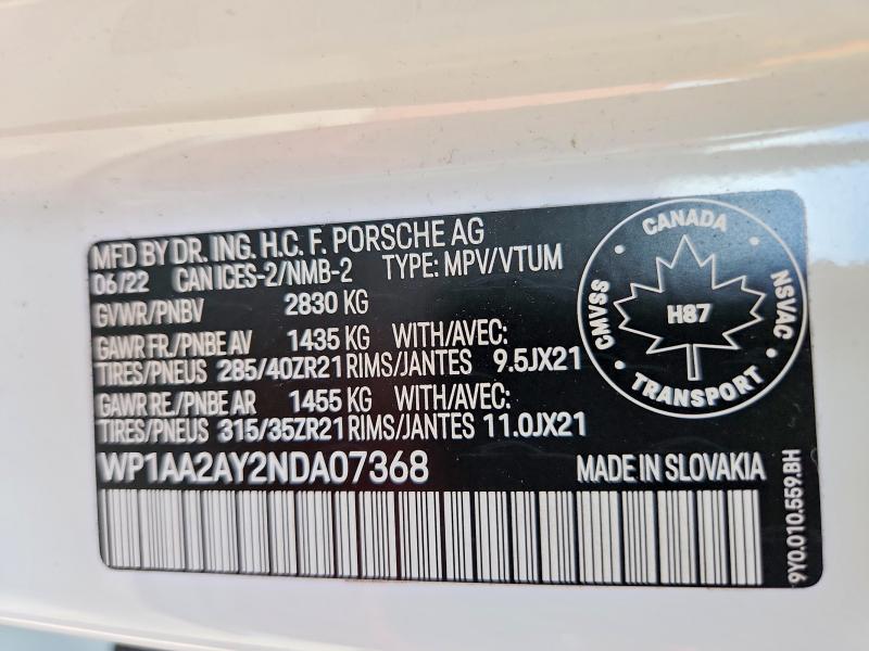 Aukcja sprzedaży 2022 Porsche Cayenne, vin: WP1AA2AY2NDA07368, numer aukcji: 66563666