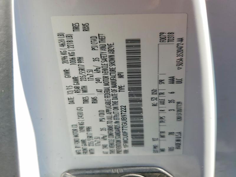 66987196 :رقم المزاد ، 1FMCU0F77GUB97222 vin ، 2016 Ford Escape مزاد بيع